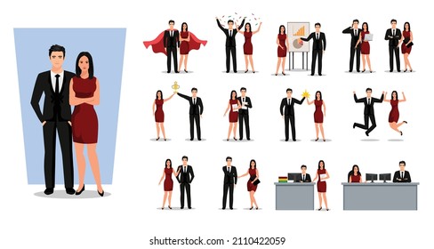 Cute business couple character set vector illustration. Different types of faces, emotions, laugh, cheer, present front, rear, side views of businessman and businesswoman.