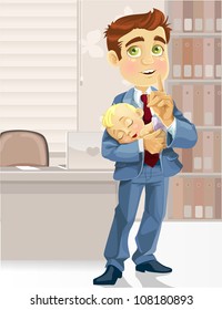 Cute business dad in the office with the sleeping child asked to be quiet