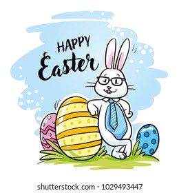Cute business easter Bunny with glasses and tie, easter eggs and typography for easter greeting cards. Hand drawn cartoon sketch vector illustration, marker style coloring. 