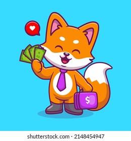 Cute Business Fox Holding Money Cartoon Vector Icon Illustration. Animal Business Icon Concept Isolated Premium Vector. Flat Cartoon Style