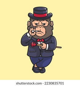Cute Business Gorilla Wearing Coat With Cigarette Cartoon Vector Icon Illustration. Animal Business Icon Concept Isolated Premium Vector. Flat Cartoon Style