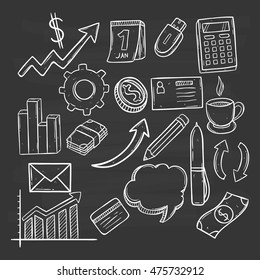 cute business icons using doodle art with info graphic on chalkboard background