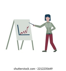 Cute business lady in flat style pointing to a growing chart. Income planning, growth of indicators on the chart, management gives instructions. Woman giving a presentation.