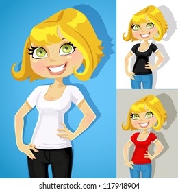 Cute business lady shows a T-shirt for print in color variations