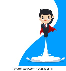 Cute business man character in suit with red cape flying illustration with white and orange background
