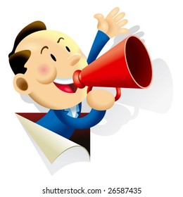 A cute business man coming out from a paper cut out background and making announcement with a red speaker.