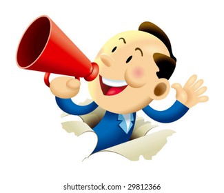 A cute business man coming out from a paper breaking through background and making announcement with a red speaker.