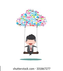 Cute business man happy swinging on a cloud with social network icons background.