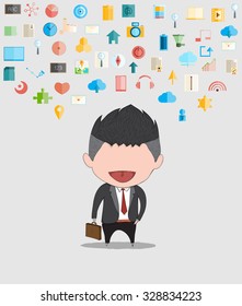 Cute business man happy template design thinking idea with social network icons background.