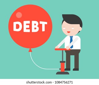 cute business man pumping air in red debt balloon without conscious, business situation about debt concept, flat design vector