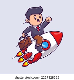 Cute Business Man Riding Rocket With Suitcase Cartoon Vector Icon Illustration. People Technology Icon Concept Isolated Premium Vector. Flat Cartoon Style