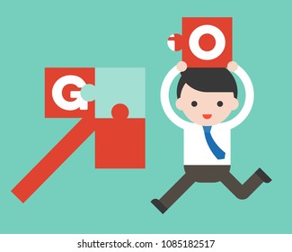 Cute business man run to complete with puzzle arrow, business situation keep walking concept, flat design vector