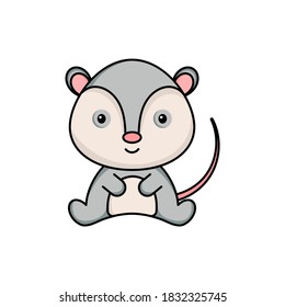 Cute business opossum icon on white background. Mascot cartoon animal character design of album, scrapbook, greeting card, invitation, flyer, sticker, card. Flat vector stock illustration.