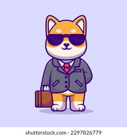 Cute Business Shiba Inu Dog with Suitcase Cartoon Vector Icon Illustration. Animal Business Icon Concept Isolated Premium Vector. Flat Cartoon Style