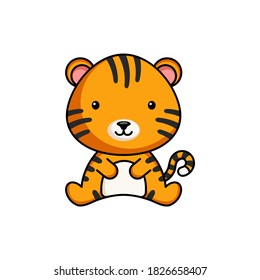 Cute business tiger icon on white background. Mascot cartoon animal character design of album, scrapbook, greeting card, invitation, flyer, sticker, card. Flat vector stock illustration.