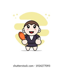 Cute business woman character holding a chicken meat. Mascot design concept