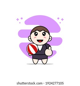 Cute business woman character holding a ball. Mascot design concept