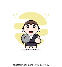 Cute business woman character holding a bowling ball. Mascot design concept