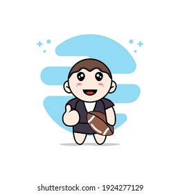 Cute business woman character holding a rugby ball. Mascot design concept