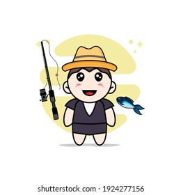 Cute business woman character holding a fishing rod. Mascot design concept