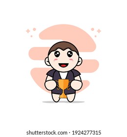 Cute business woman character holding trophy. Mascot design concept