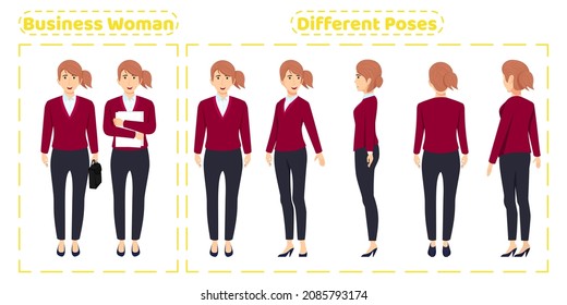 Cute business woman character set wearing cute business outfit with different poses front side back view with cheerful facial expressions Animation creation