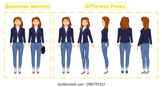 Cute business woman character set wearing cute business outfit with different poses front side back view with cheerful facial expressions Animation creation isolated