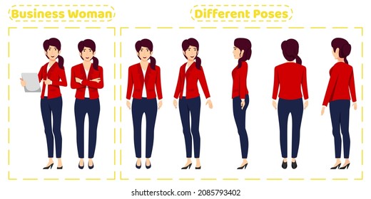 Cute business woman character set wearing cute business outfit with different poses front side back view with cheerful facial expressions Animation creation isolated with tablet
