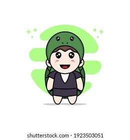 Cute business woman character wearing turtle costume. Mascot design concept