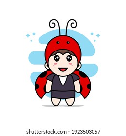 Cute business woman character wearing beetle costume. Mascot design concept