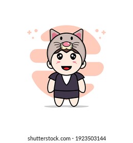 Cute business woman character wearing cat costume. Mascot design concept