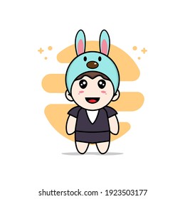 Cute business woman character wearing rabbit costume. Mascot design concept