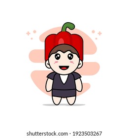 Cute business woman character wearing Red paprika costume. Mascot design concept