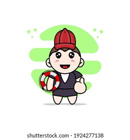 Cute Business Woman Character Wearing Coast Guard Costume. Mascot Design Concept