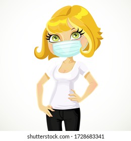 Cute business woman in face mask with speech bubble shows a T-shirt for print of your logo on white background