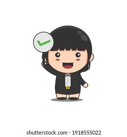 cute business woman holding correct sign symbol with smiling expression. vector illustration