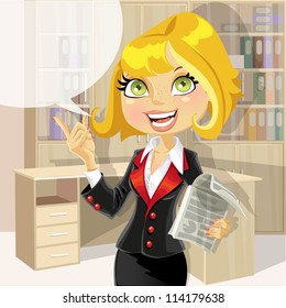 Cute business woman in office with speech bubble