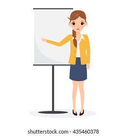 Cute business woman presenting at empty flip chart. business people character.