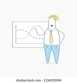 Cute Businessman analyzing a business analytics or intelligence, productivity dashboard, made presentation, showing sales and operations data statistics charts and key performance indicators (KPI)