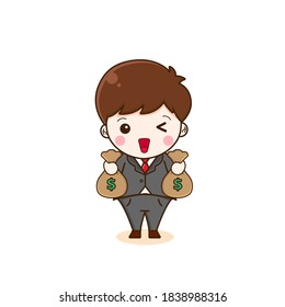 Cute businessman carry money. Vector illustration of chibi character isolated on white background.