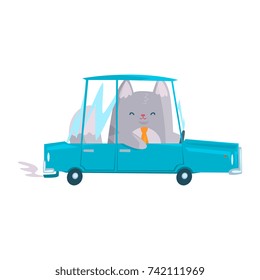 Cute businessman cat driving car, funny animal character cartoon vector Illustration
