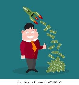 Cute businessman character in business concept of wealthy, rich, and being successful. Vector illustration