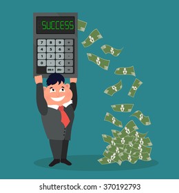 Cute businessman character in business concept of wealthy, rich, and being successful. Vector illustration