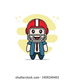 Cute businessman character design wearing american football helmet costume. Mascot design concept