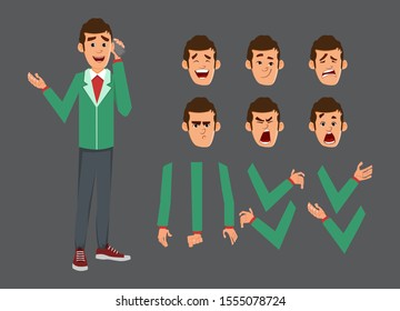 cute businessman character set for animation or motion with different facial emotions and hands.