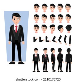 Cute businessman character set vector illustration. Different types of faces, emotions, laugh, sad angry front, rear, side views of male person.