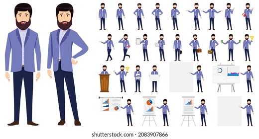 Cute businessman character set wearing modern business outfit and standing with different poses and with podium presentation board with sales graph chart isolated and posing