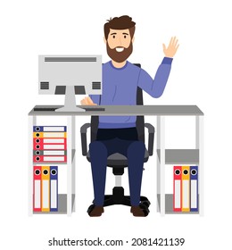 Cute businessman character sitting on modern home office desk with chair table and with pc computer with some paper pile files and folder