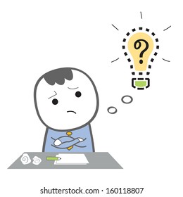 Cute businessman character thinking to get idea, representing with light bulb. Business brainstorming concept. 