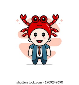 Cute businessman character wearing crab costume. Mascot design concept